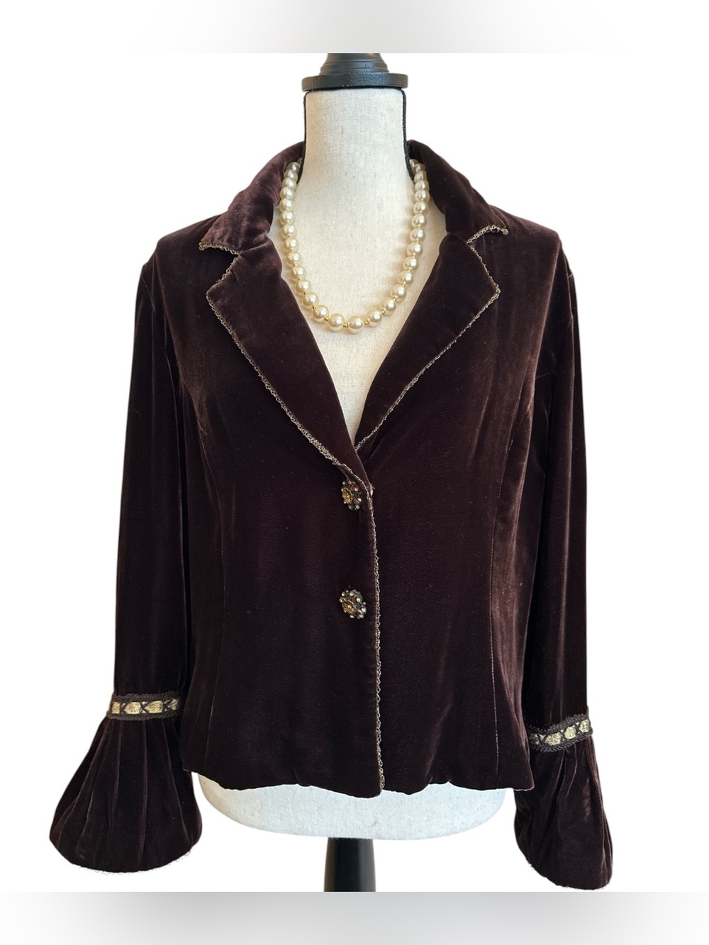 E by ECI Vintage Y2K Brown Velvet Blazer Jacket Silk Blend Jeweled Buttons Large - Picture 10 of 10